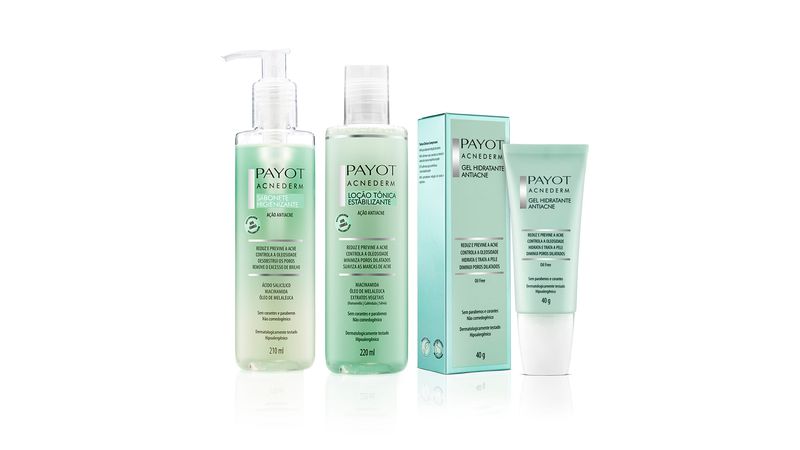 kit limpeza tonificação e gel hidratante acnederm payot